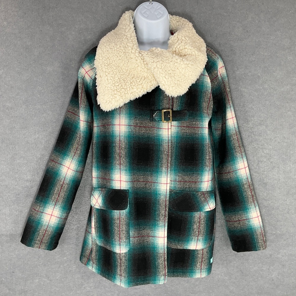 Billabong Plaid Wool Blend Coat Sherpa Collar Buckle Front Jacket Sz Small‎